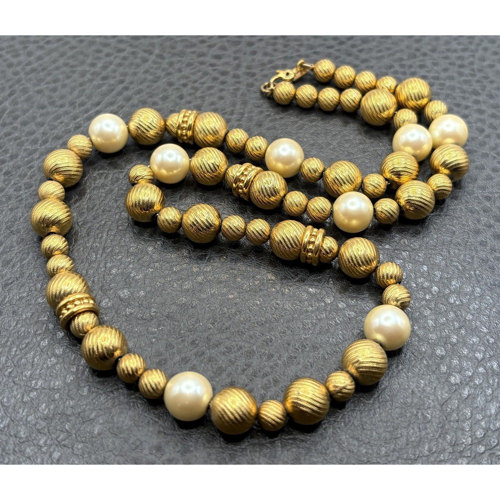 Vintage Monet Textured Bead Faux Pearl Beaded Necklace Gold Tone 20" READ